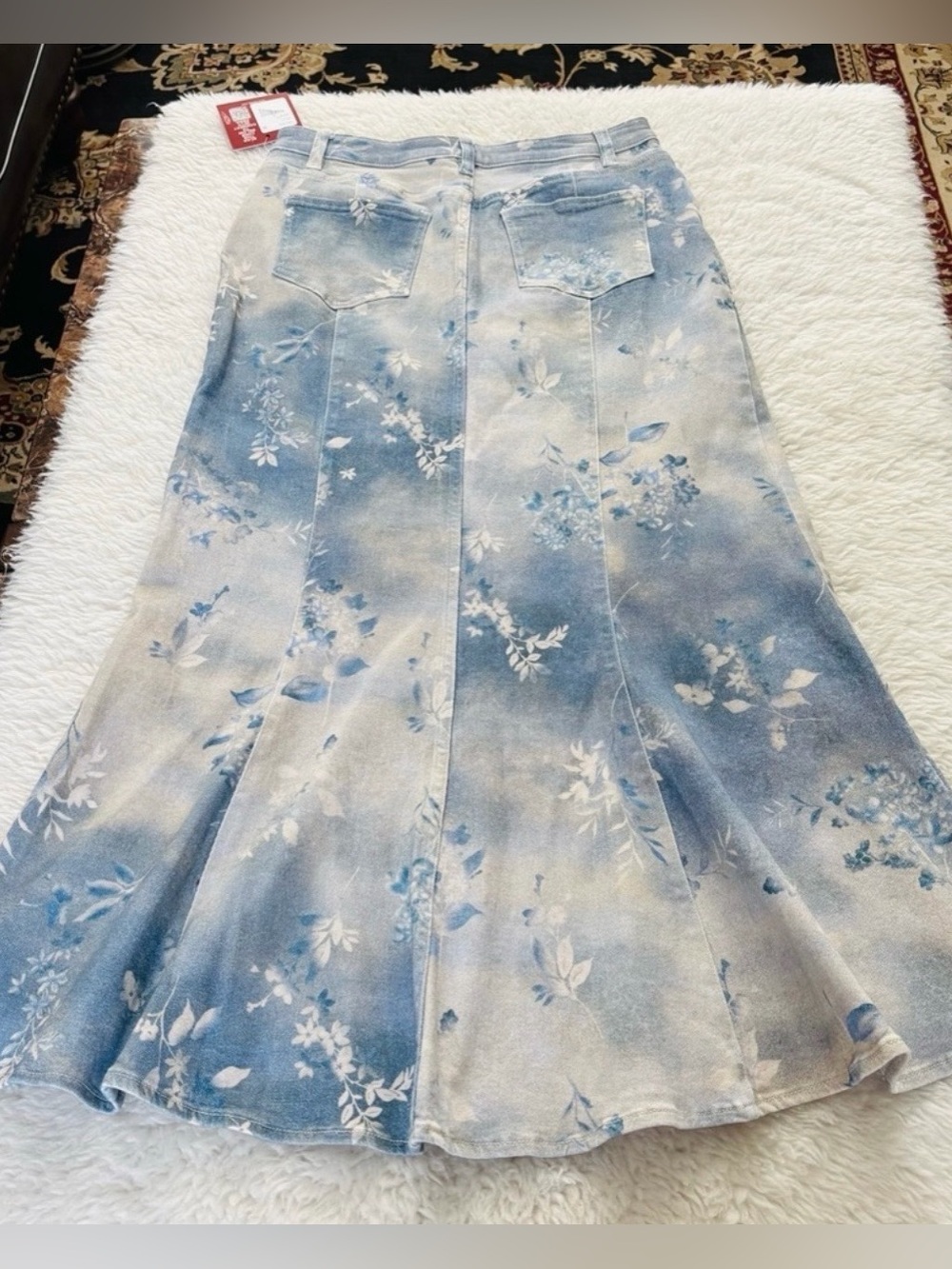 Reba Blue and Cream Floral Ombre A-Line Skirt - Picture 2 of 9
